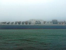ATLANTIC STAR - 296m [IMO:9670573] Container-/ Ro-Ro Schiff (Container ship) Aufnahme: 2016-12-31 (im Nebel) Baujahr: 2015 | DWT: 55649t | Breite: 38m | Tiefgang: 10,4m |...
